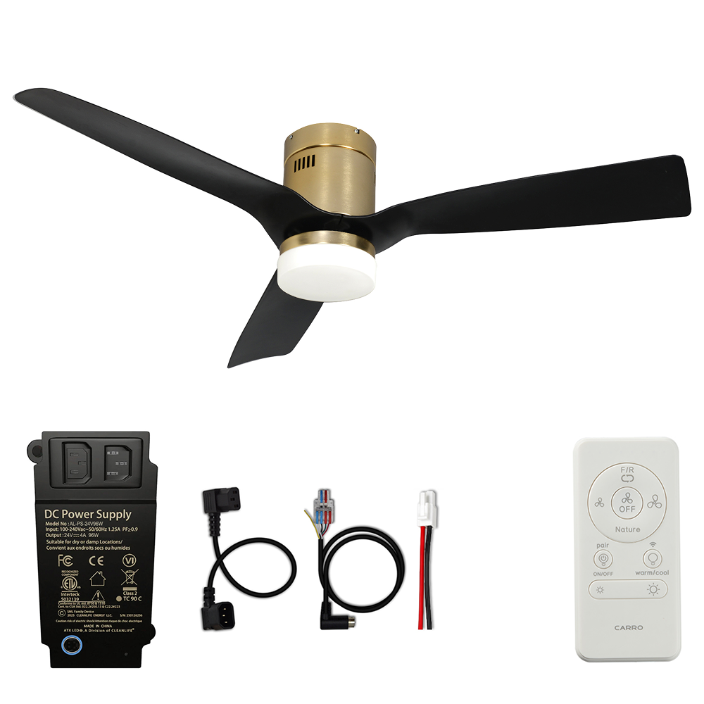 CARRO® SPEZIA 24VDC 3-Blade Smart Ceiling Fan with LED Light Kit & Remote – Brushed Gold / Matte Black *Free Shipping*