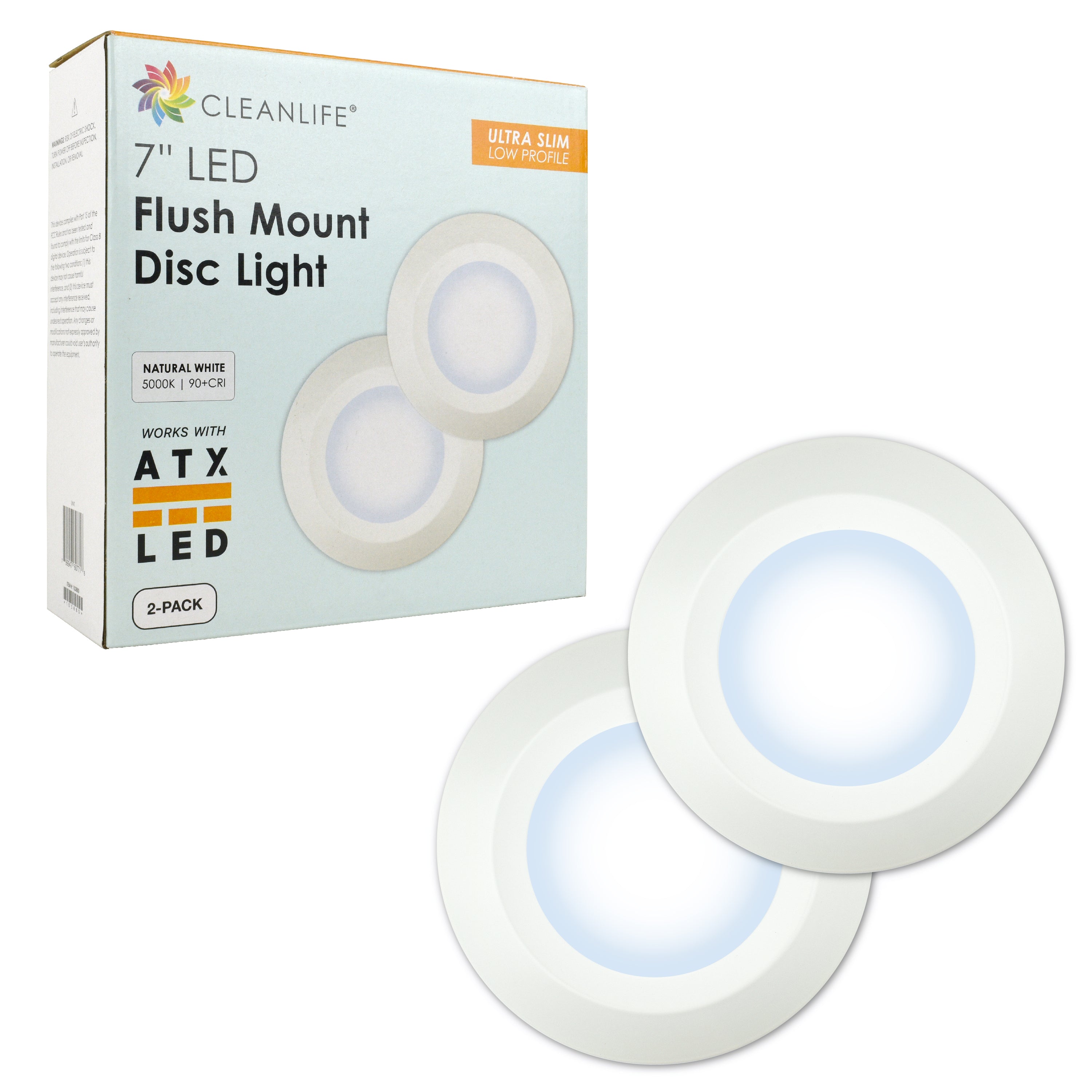 7” CLEANLIFE® 48-51V DC LED Flush Mount Disc Light, 5000K