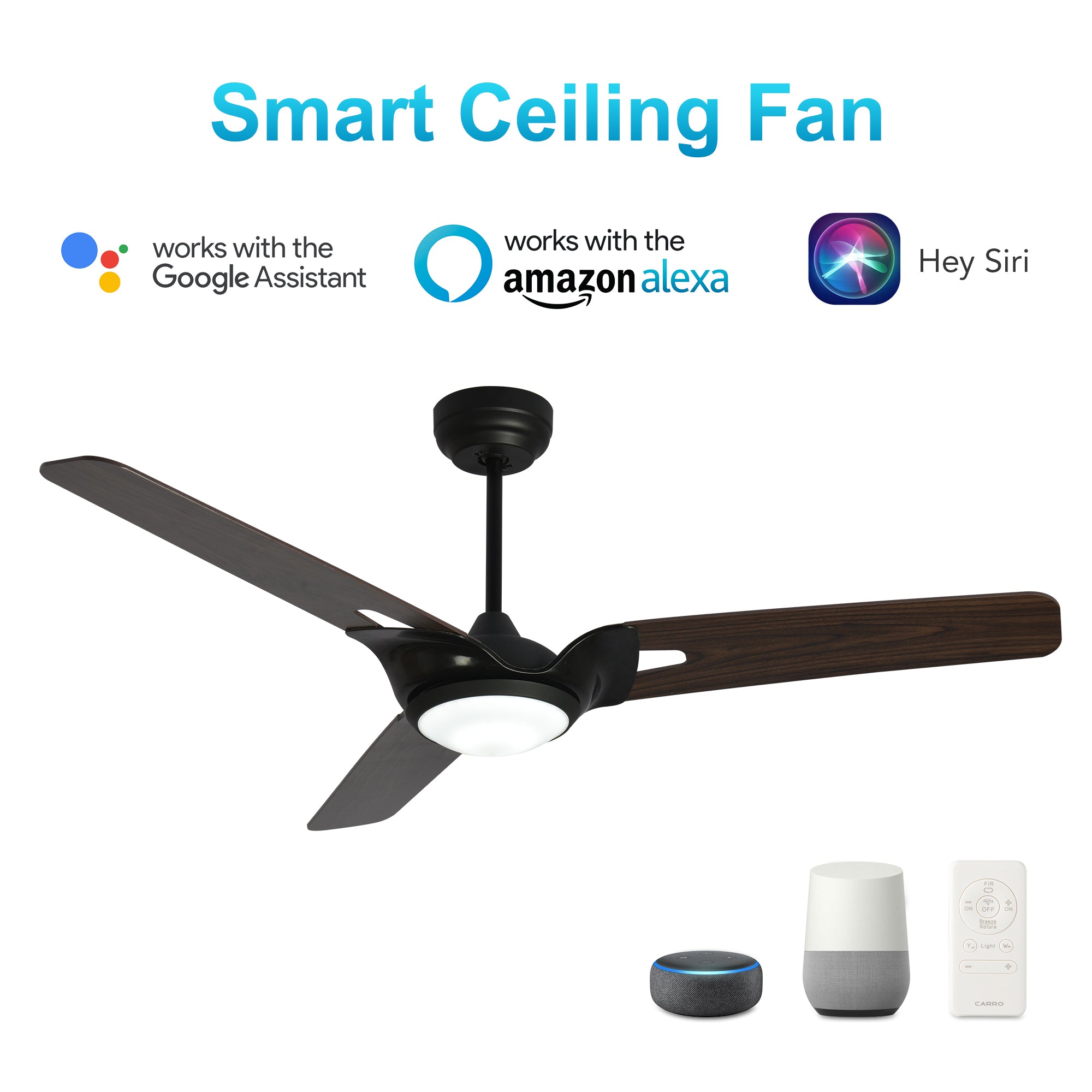 CARRO® HOFFEN 24VDC 3-Blade Smart Ceiling Fan with LED Light Kit & Remote – Matte Black / Dark Walnut *Free Shipping*