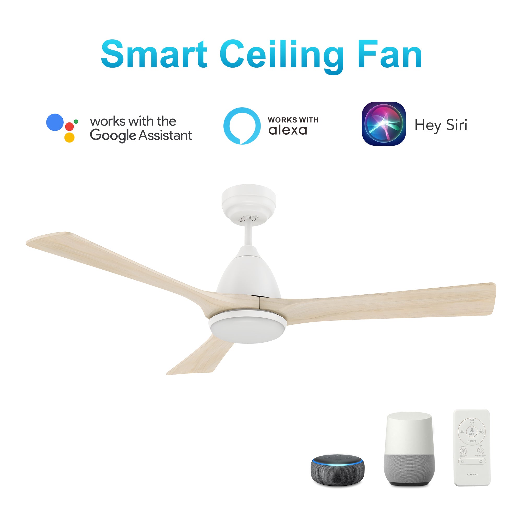 CARRO® NICOLET 24VDC 3-Blade Smart Ceiling Fan with LED Light Kit & Remote – Matte White / White Oak *Free Shipping*