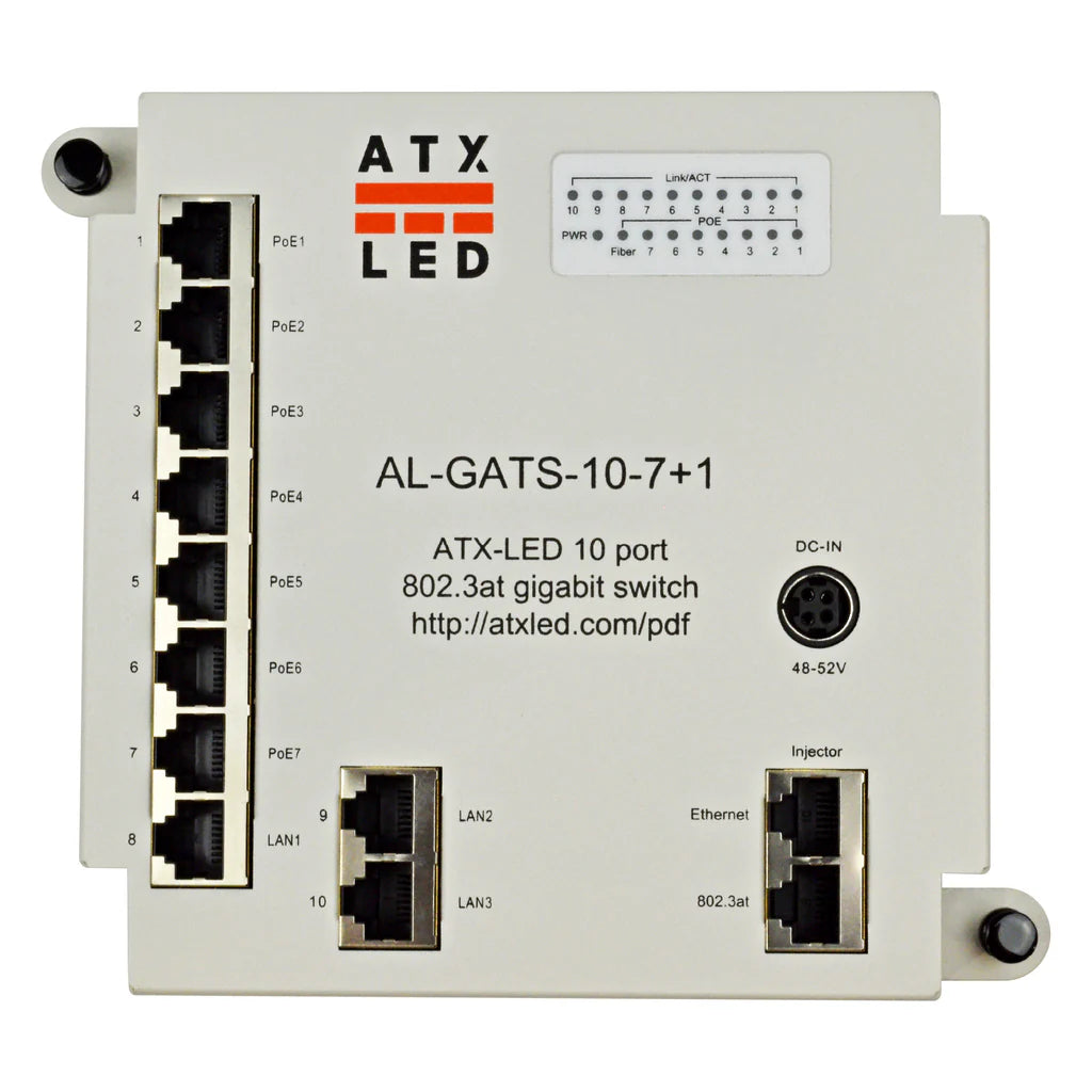 ATX LED© 10 port Gigabit Switch with 8x PoE 802.3at Plus 1 Port Injector