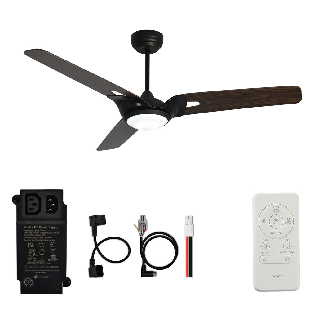CARRO® HOFFEN 48VDC 3-Blade Smart Ceiling Fan with LED Light Kit & Remote – Matte Black / Dark Walnut